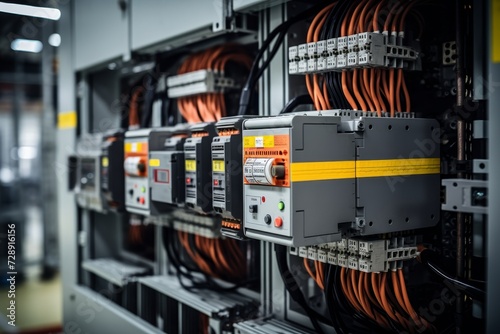 A Surge Protector Safeguarding Industrial Machinery, Nestled Amongst a Tangle of Wires, Against the Backdrop of a Bustling Factory