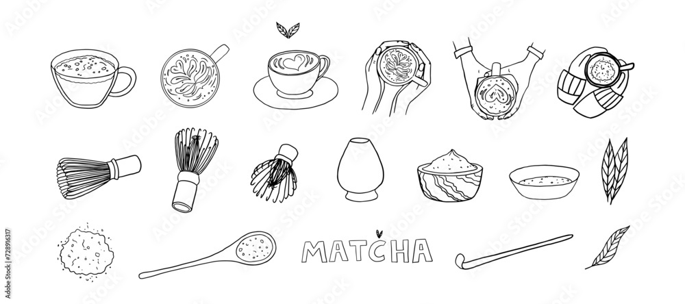 Big set of hand drawn matcha tea theme elements in doodle style. Matcha powder, Matcha Measuring Spoon, bamboo whisk, japanese tea, matcha latte, cup in hands. Cute vector illustration EPS10