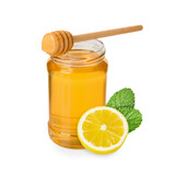 Honey in glass jar, dipper and lemon isolated on white