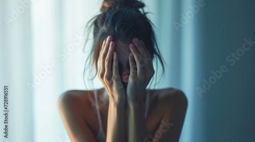 A person with body dysmorphia covers their face with their hands unable to look at themselves in the mirror.