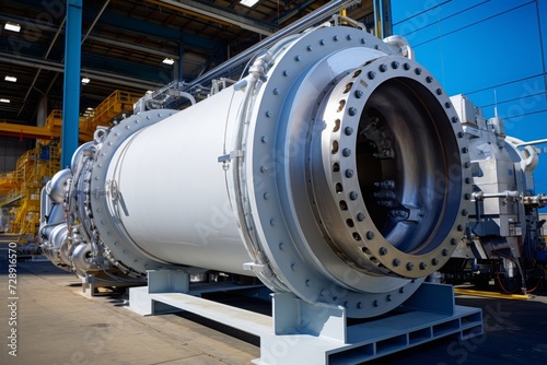 A detailed view of a robust ball mill cylinder, showcasing its sturdy construction against the backdrop of a bustling industrial setting