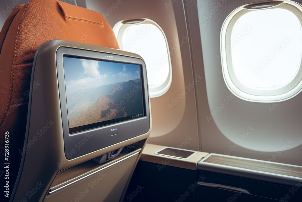 A close-up view of an in-flight entertainment system, showcasing its sleek design and advanced technology against the backdrop of a modern airplane interior