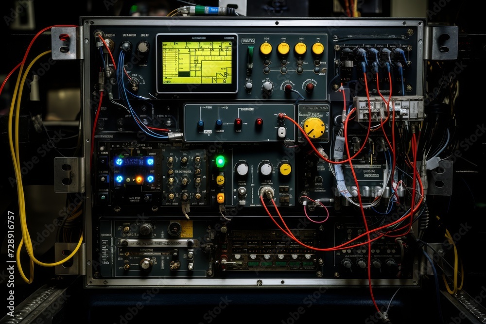 A detailed view of a Ground Proximity Warning System (GPWS) in an industrial setting, with a complex array of wires and circuits against a steel gray background A detailed view of a Ground Proximity Warning System (GPWS) in an industrial setting, with a complex array of wires and circuits against a steel gray background