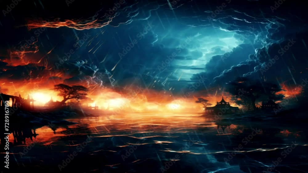 Extreme weather formed by cumulonimbus clouds and lightning that occurs during the rainy season arrives with a dramatic atmosphere, good for backgrounds, advertisements, websites, etc. Generative Ai
