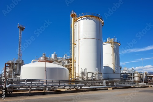 A colossal fuel tank standing tall in an industrial setting, surrounded by a complex network of pipes under the clear blue sky