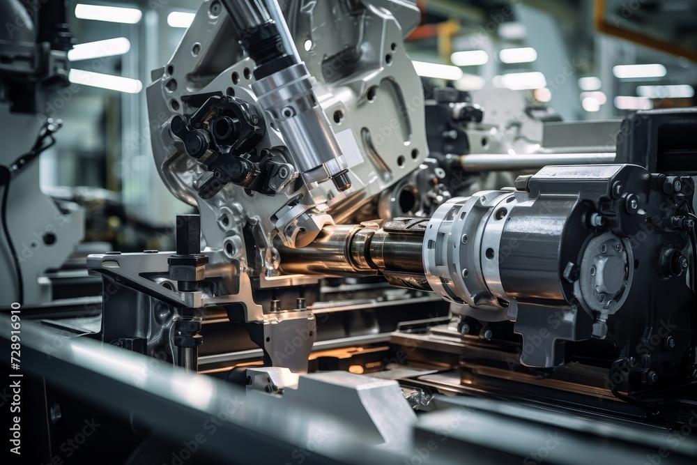 A detailed view of a mounting process in an industrial setting, showcasing the intricate machinery and the bustling background activity