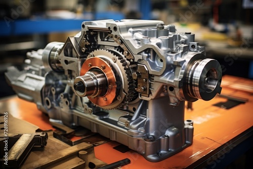 Close-up view of a meticulously crafted gearbox housing, resting on a workbench in an industrial setting, surrounded by various mechanical tools and blueprints
