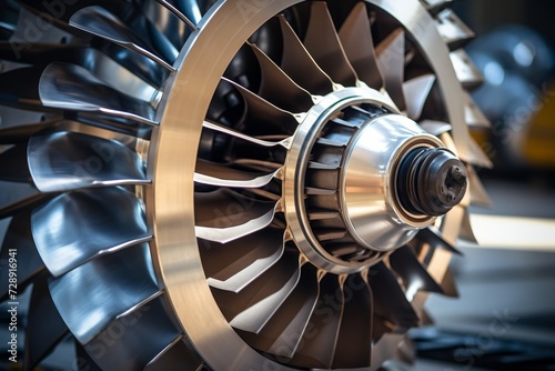 A close-up view of a diffuser vane, an essential component in a turbine engine, surrounded by other intricate mechanical parts in an industrial setting photo