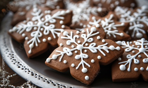 Christmas gingerbread cookies in the form of snowflakes on a plate