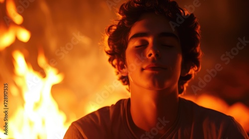 A young man his eyes closed in meditation as he sits in front of a bonfire and reflects on the mysteries of the universe experiencing a moment of spiritual awakening.
