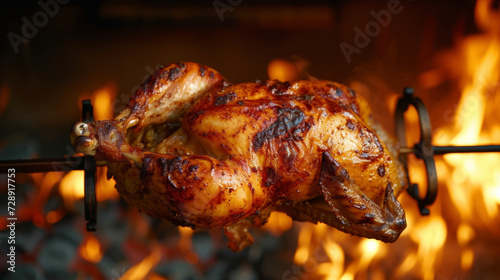 A whole chicken slowly spins on a rotisserie over the roaring flames its skin crisping to perfection. Its flavorful journey from the pit to the plate is almost complete ready photo