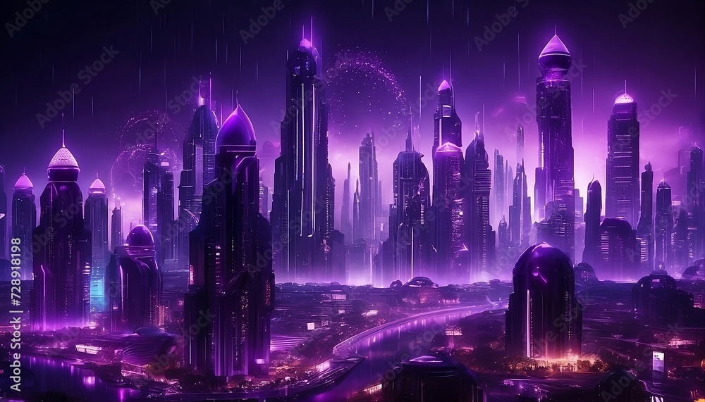 Beautiful dark futuristic city with purple rain, beautiful lighting cityscape with tall skyscraper buildings. Futuristic city. Generative AI