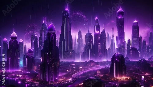 Beautiful dark futuristic city with purple rain  beautiful lighting cityscape with tall skyscraper buildings. Futuristic city. Generative AI