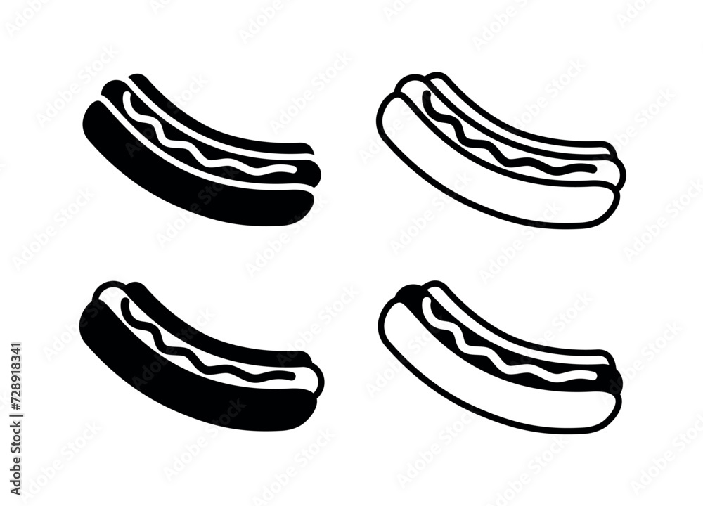 Hot dog icons set, sausage in a bun. Fast food or cafe symbol. Menu or lunch attribute. Hot dog icons set, sausage in a bun. Fast food or cafe symbol. Menu or lunch attribute.