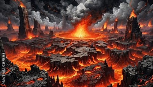 Volcano Eruption: Epic immersive scene of volcanic eruption & cracking of floor, in between melting lava if flowing. In the middle of a city. Volcano. Generative AI photo