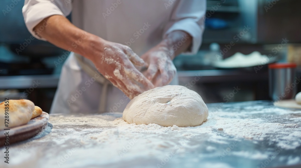 Um profissional sovando e preparando uma massa de pizza. Um profissional sovando e preparando uma massa de pizza.