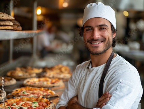 Um pizzaiolo posando para foto ao lado de seu forno photo