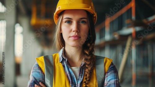 Uma mulher que trabalha na área da engenheria e construção posando para foto em uma obra. photo
