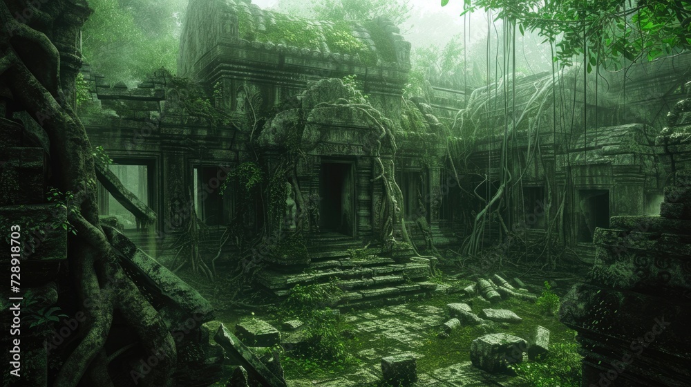 Naklejka premium An ancient, abandoned temple overrun by nature, with intricate carvings and overgrown vines. Resplendent.
