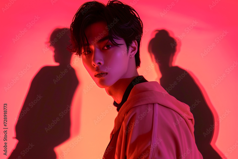 Young Korean K-pop male artist posing and looking at camera with silhouette of dancers behind