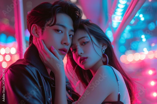 Asian couple in k-pop outfit seducing each other with neon lights as background photo