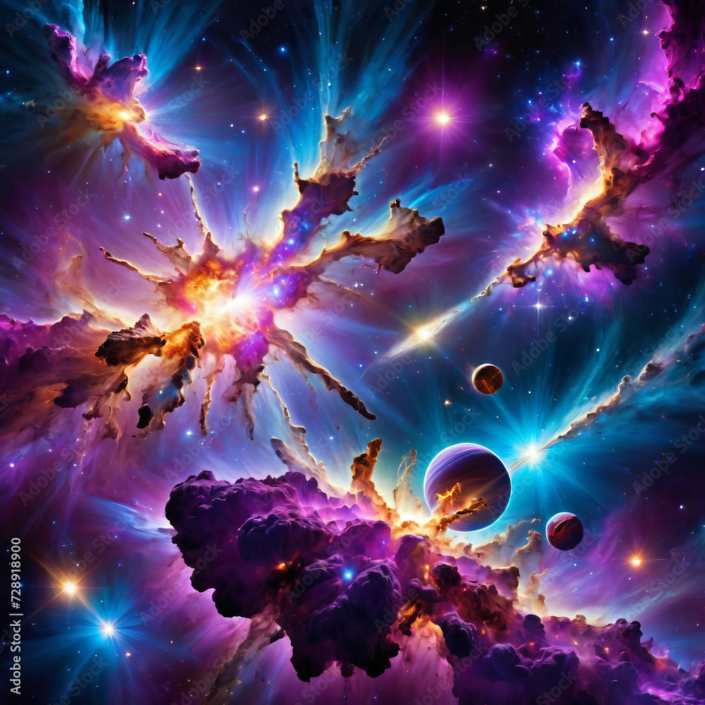 Ethereal Cosmic Explosion - Colliding galaxies, gamma-ray burst, and vibrant celestial bodies in a stunning cosmic pop art scenery Gen AI - obrazy, fototapety, plakaty 