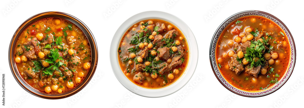 Collection of traditional Harira soup thick with lentils and chickpeas over isolated transparent background Collection of traditional Harira soup thick with lentils and chickpeas over isolated transparent background