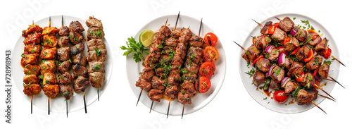 Top view of kebabs skewers of marinated meat and some veggies over isolated transparent background photo
