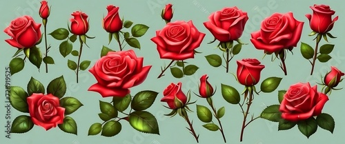 Cartoon Red Roses: Elegant Floral Clipart with Isolated Rose Flowers and Green Leaves - Decorative Nature Elements for Design, Illustrations, and Projects, Beautiful Floral Artwork