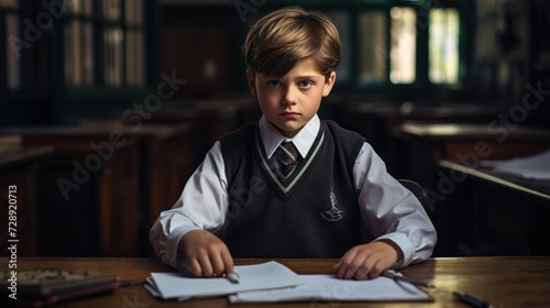 a schoolboy sitting at a desk