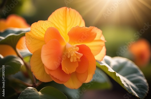 Yellow orange begonia flower in garden. Realistic watercolor illustration of begonia flowers. Colorful, tender plant with big petals and buds in pink and orange, isolated on white.