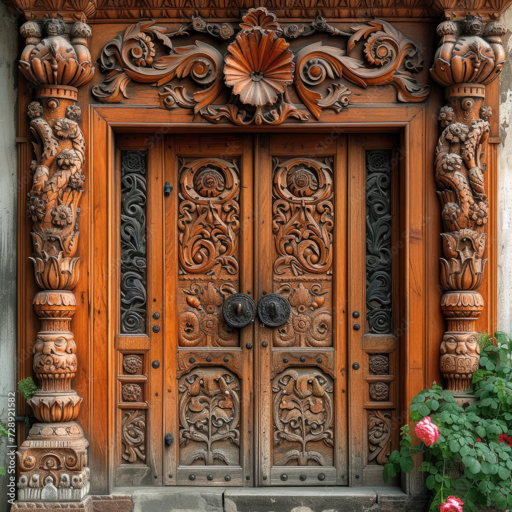 Traditional Artistry: Close-Up of an Intricately Carved Wooden Door