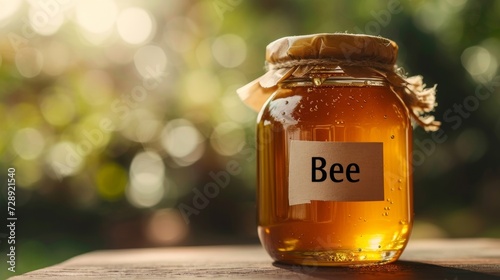 A closeup of a jar of honey with a label boasting its origins from a nearby apiary promoting the benefits of buying locally sourced food products. photo