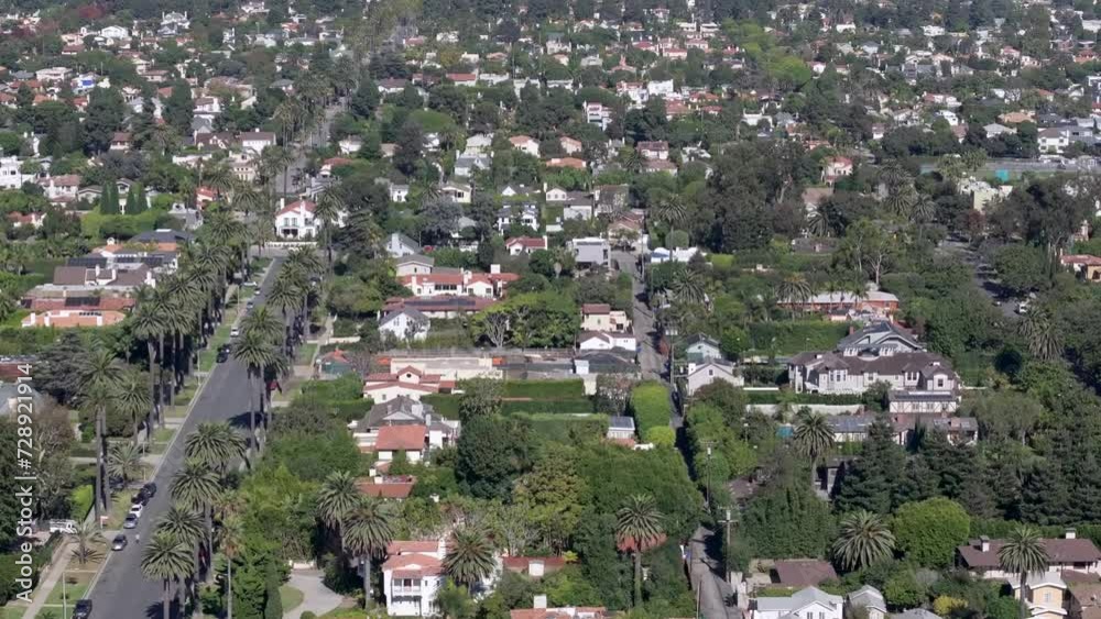 Upscale homes in residential neighborhood in Santa Monica, panoramic aerial view Upscale homes in residential neighborhood in Santa Monica, panoramic aerial view