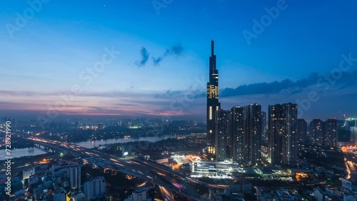 Day to night timelapse of Landmark 81 in Ho Chi Minh city, Vietnam. The tallest building in Vietnam up to present. photo