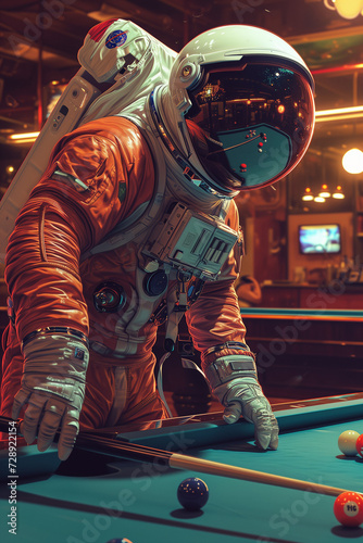 table with astronaut playing pool 