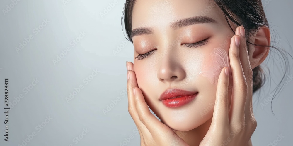Beautiful young woman with cream on her face. Skin care concept.