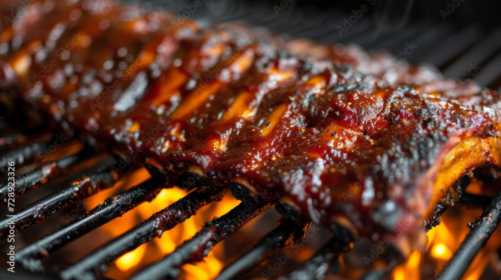 Indulge in tender meaty BBQ ribs coated in a y dry rub perfectly charred and dripping with flavorful juices.