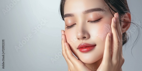 Beautiful young woman with cream on her face. Skin care concept.