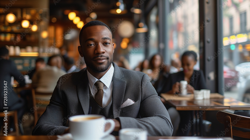 Businessman. A well-dressed African American businessman enjoys a coffee break in a bustling city cafe setting.