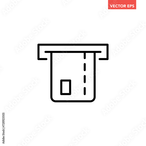 Black single credit card insert in ATM slot machine line icon, Dip or Remove, simple flat design vector infographic pictogram for app logo web button ui ux interface element isolated on background 