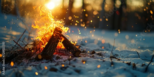 Bonfire in the winter forest. Beautiful landscape with bonfire flames burning fire red on the background of snowy winter nature forest. photo