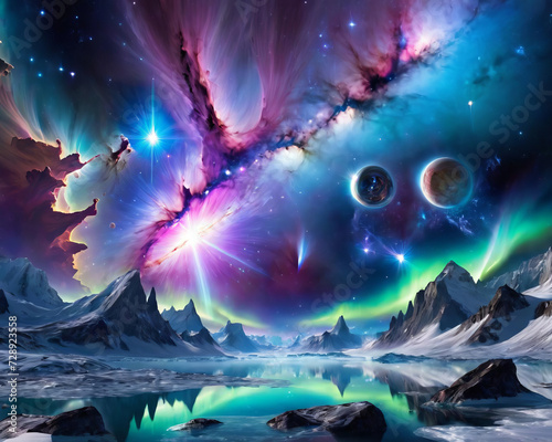 Unreal Cosmic Space - Celestial Bodies, Gamma Ray Burst, Nebula, and Stunning Auroras Lighting Up the Polar Skies Gen AI