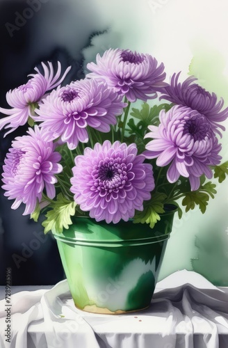 Chrysanthemum in a flower pot on a white watercolor background