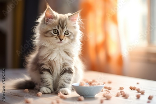 Funny little fluffy tabby kitten eats dry food from a bowl. Cat indoors. AI Generated 