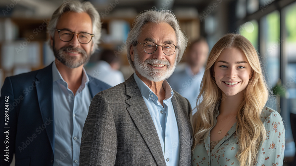 Business Team. A multi-generational business team, including a young woman and senior professionals, in a collaborative office environment. Business Team. A multi-generational business team, including a young woman and senior professionals, in a collaborative office environment.