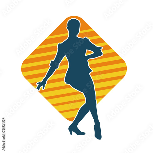 Silhouette of a female cabaret dancer in action pose. Silhouette of a fancy outfit woman dancing happily.