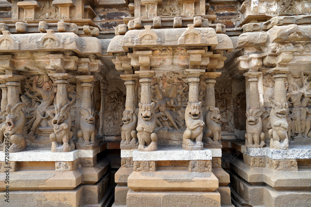 Small shrines with lion sculptures in the row of pillars in ancient Kanchi Kailasanathar temple in Kanchipuram, Tamil nadu. Sandstone carved mythical statues in Temple columns.