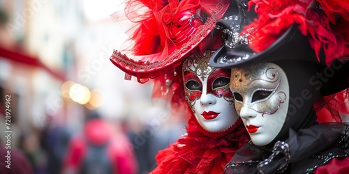 Mysterious Couple in Venetian Carnival Costumes and Masks. Two women