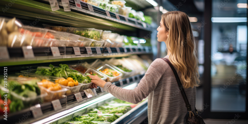 Happy Woman Choosing Fresh Organic Vegetables in Supermarket
